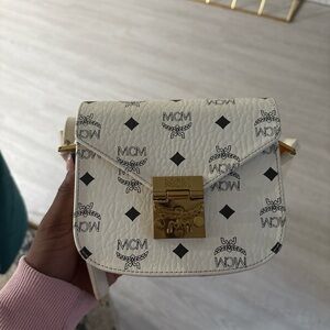 MCM White and Black Crossbody Bag with Gold Accent